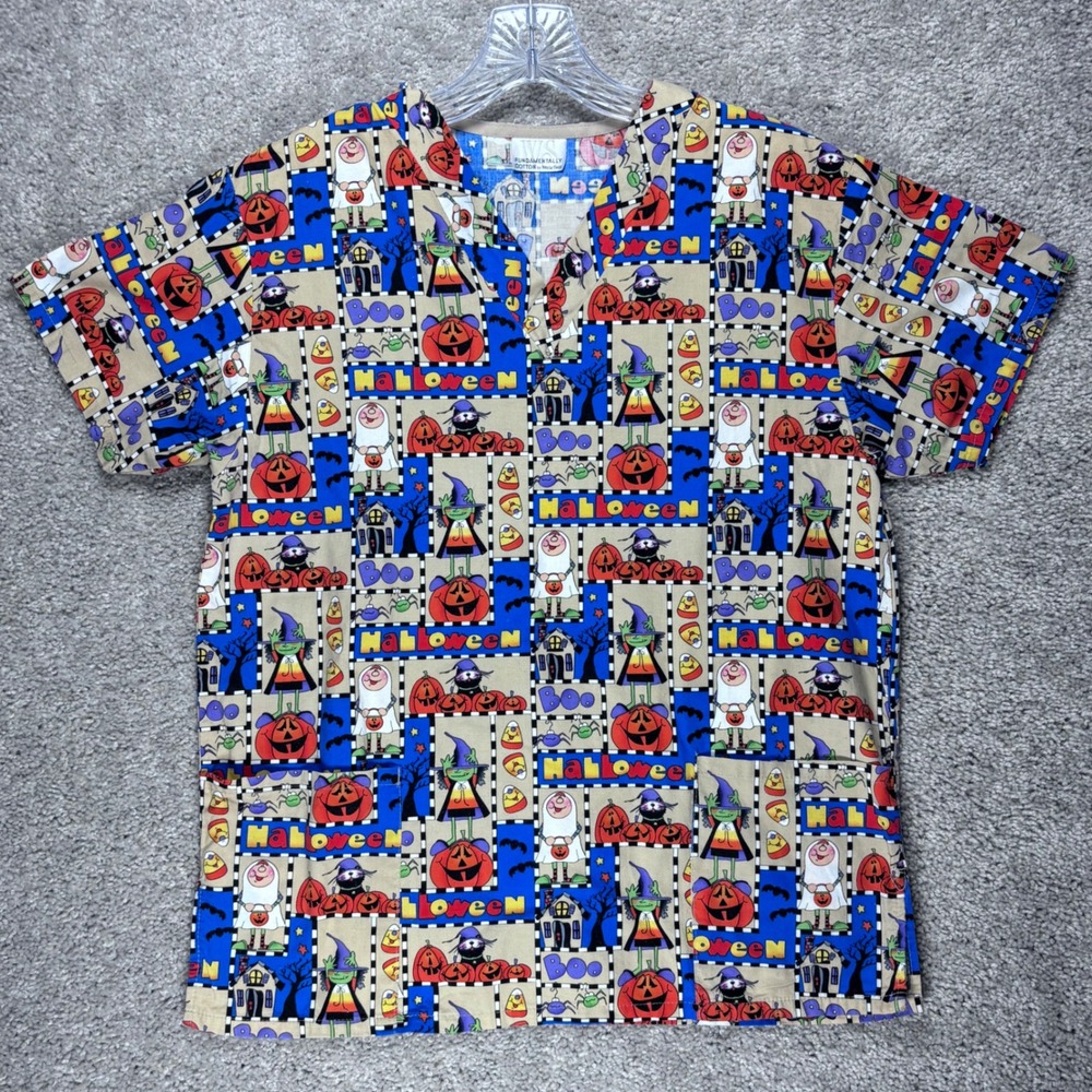White Swan Fundamentally Cotton Halloween Scrub Top Blue V-Neck Ghosts Pumpkins